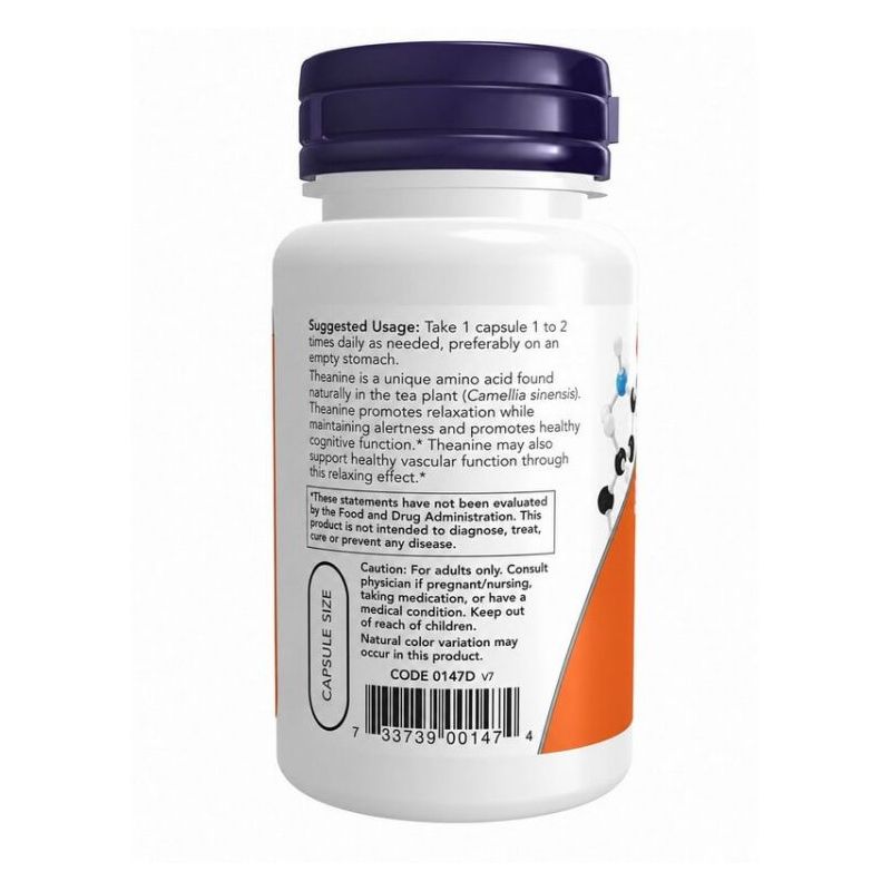 Stražnja strana deklaracije proizvoda NOW Foods L-Theanine 200 mg, 60 vegetarijanskih kapsula