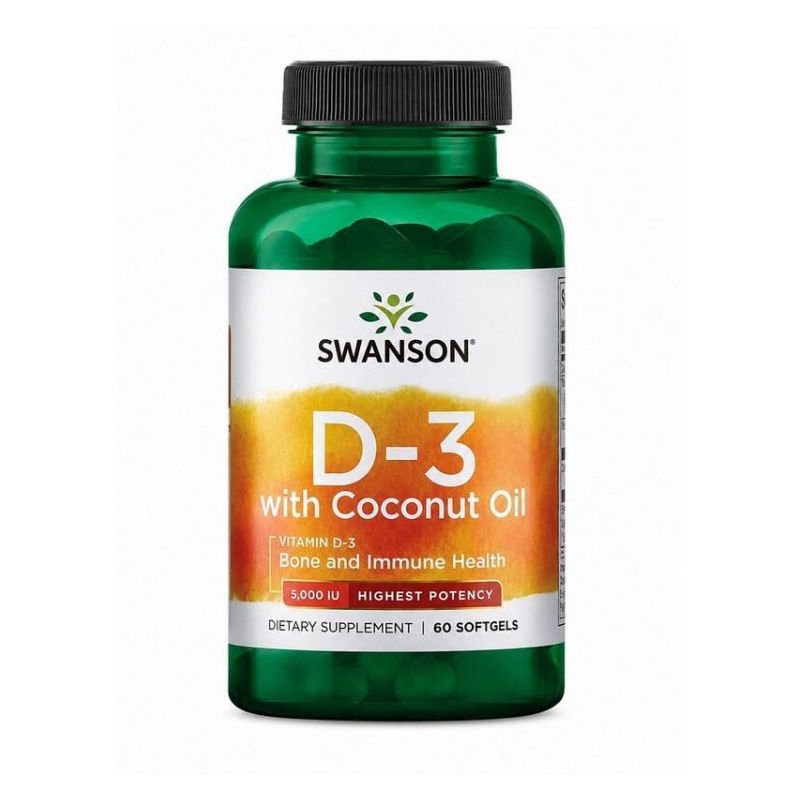Swanson Vitamin D3 s kokosovim uljem 5000 IJ, 60 mekih kapsula