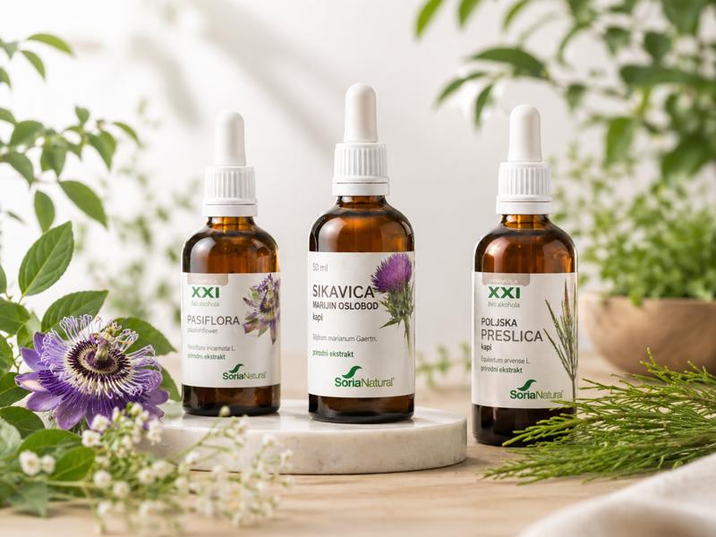 Biljni ekstrakti i tinkture u staklenim bočicama s pipetom u prirodnom okruženju