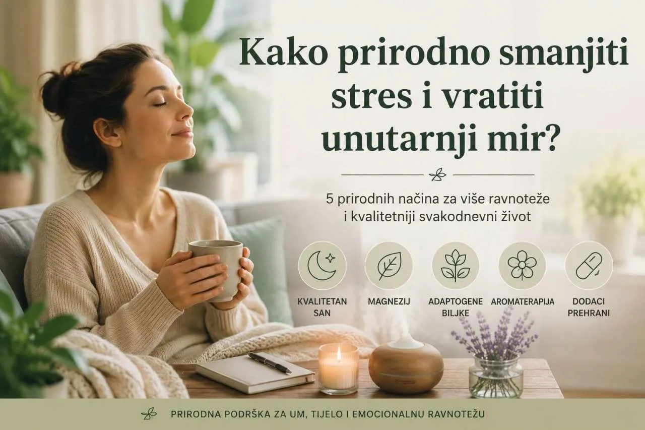 Žena se opušta u mirnom kućnom okruženju uz prirodne načine za smanjenje stresa, kvalitetan san i aromaterapiju.