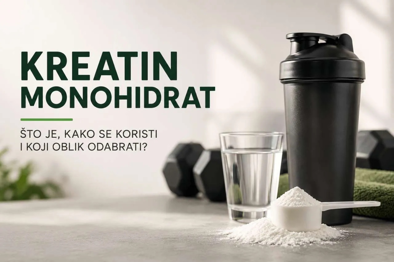 Kreatin monohidrat u prahu uz shaker, čašu vode i sportsku opremu